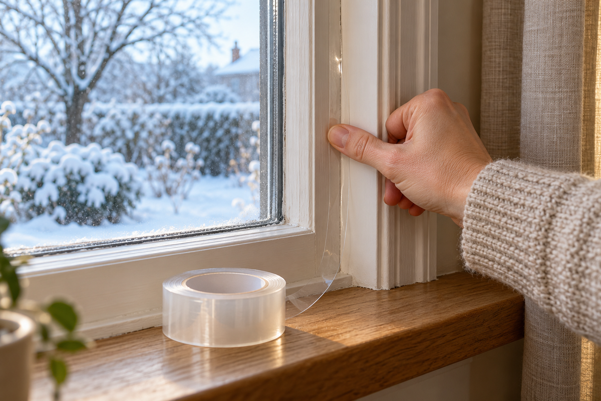 Clear tape being pressed onto a window frame with a snowy garden outside.